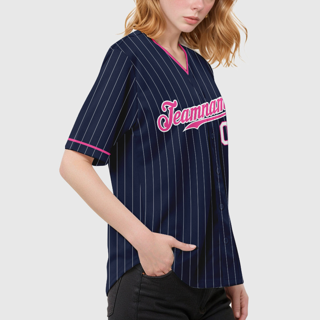 Custom Navy White Pink-White Pinstripe Baseball Jersey