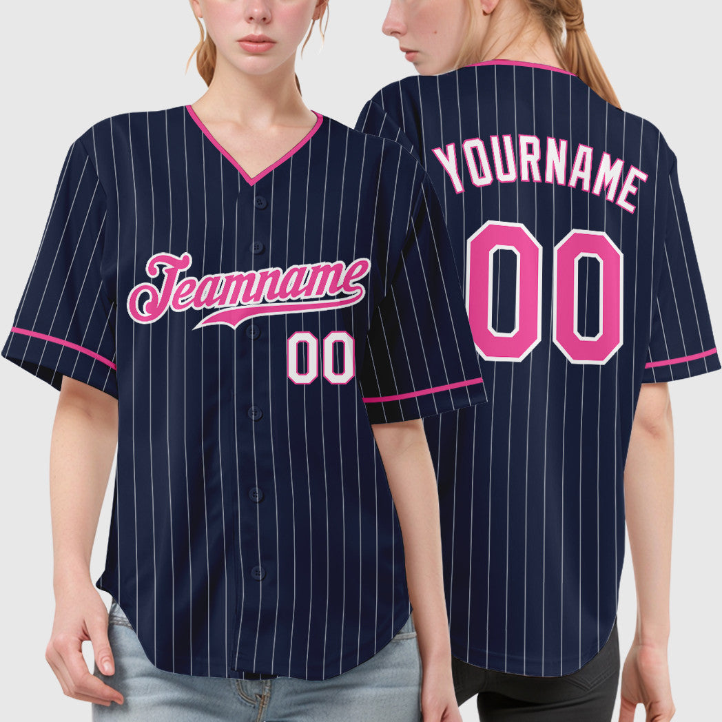 Custom Navy White Pink-White Pinstripe Baseball Jersey
