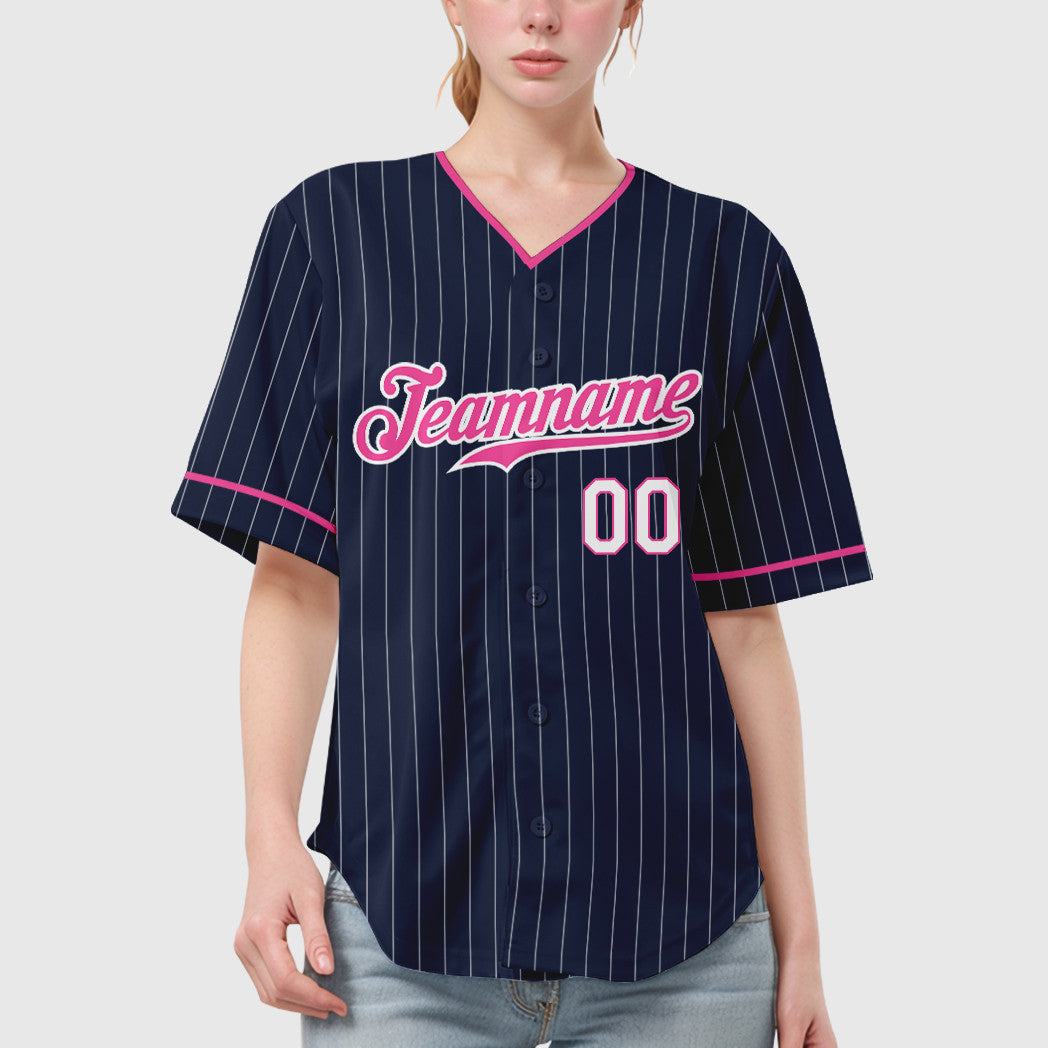 Custom Navy White Pink-White Pinstripe Baseball Jersey