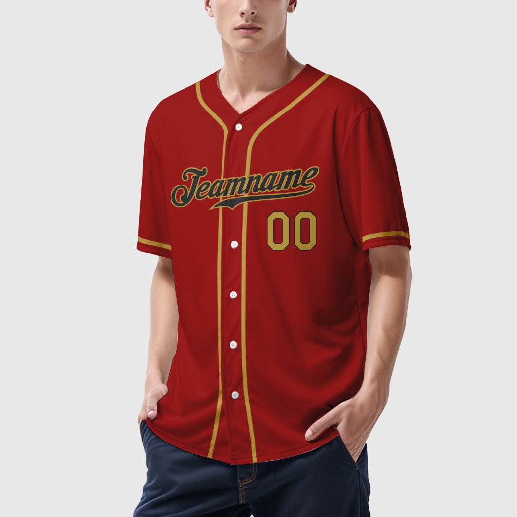 Custom Red Black Old Gold Sleeve Baseball Jersey
