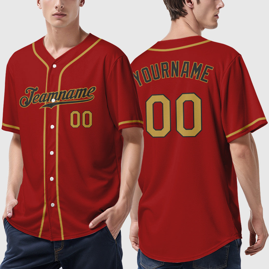 Custom Red Black Old Gold Sleeve Baseball Jersey