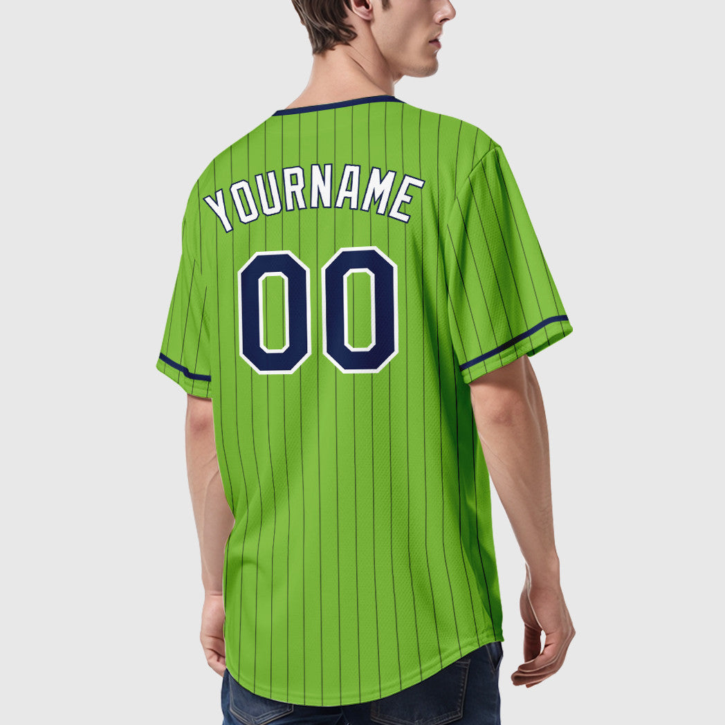 Custom Neon Green Navy Navy-White Pinstripe Baseball Jersey