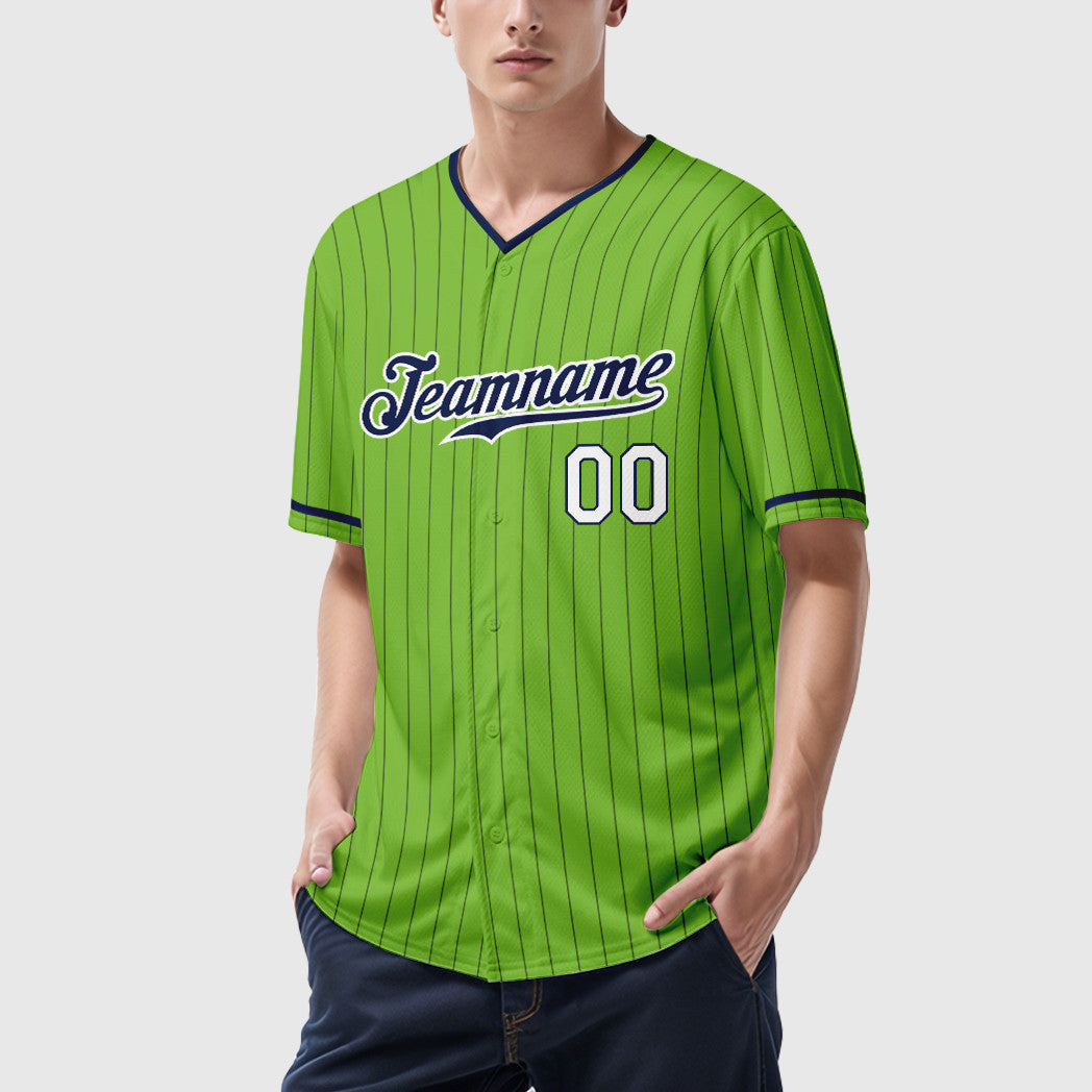 Custom Neon Green Navy Navy-White Pinstripe Baseball Jersey