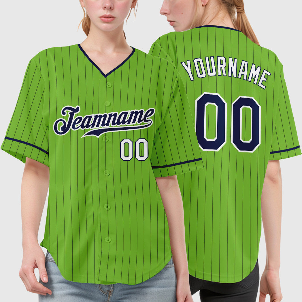 Custom Neon Green Navy Navy-White Pinstripe Baseball Jersey