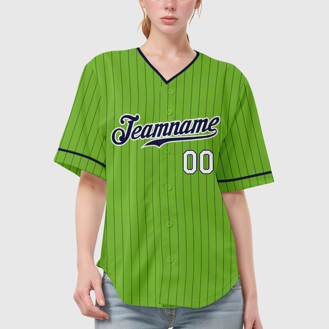 Custom Neon Green Navy Navy-White Pinstripe Baseball Jersey