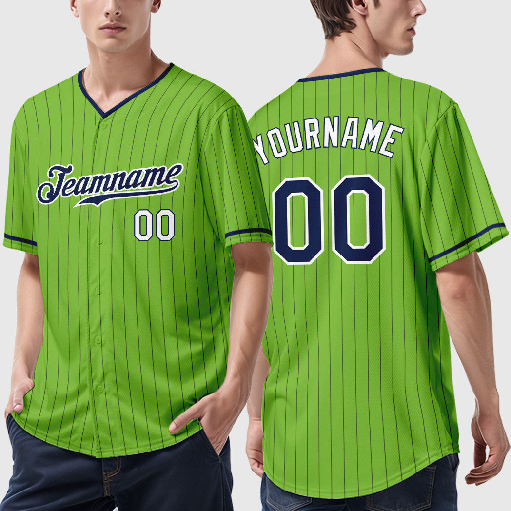 Custom Neon Green Navy Navy-White Pinstripe Baseball Jersey