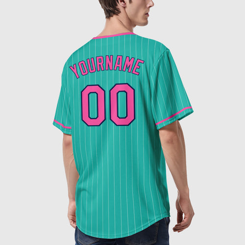 Custom Aqua White Pink-Navy Pinstripe Baseball Jersey