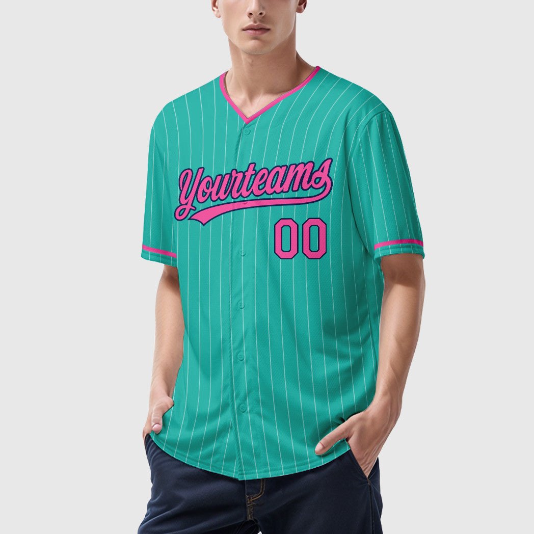 Custom Aqua White Pink-Navy Pinstripe Baseball Jersey