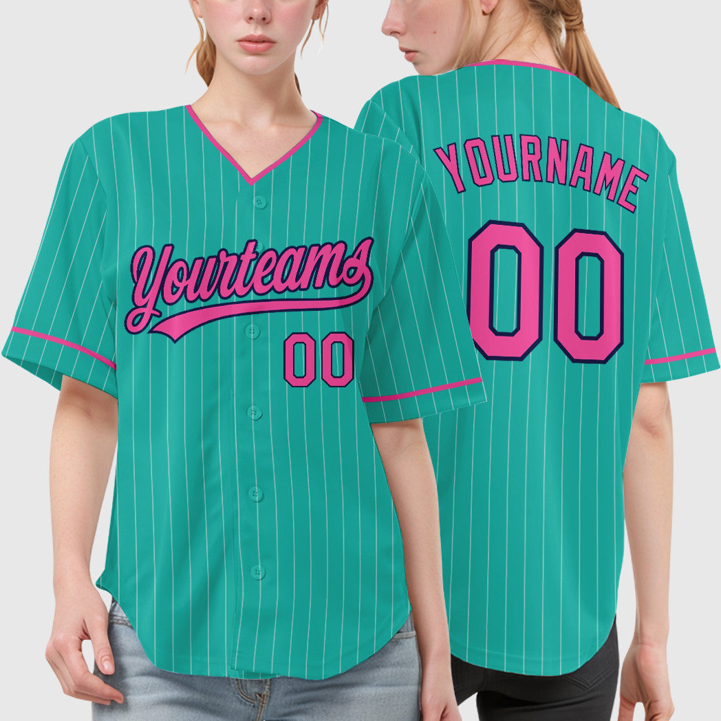 Custom Aqua White Pink-Navy Pinstripe Baseball Jersey