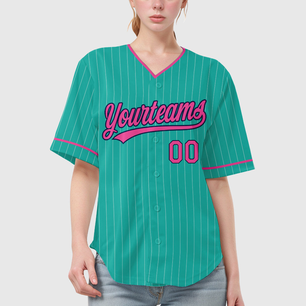 Custom Aqua White Pink-Navy Pinstripe Baseball Jersey