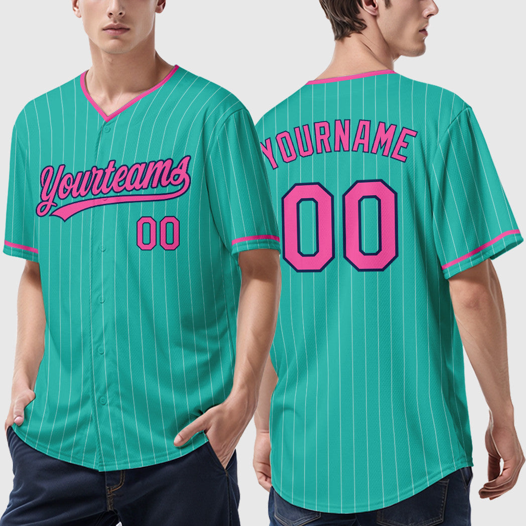 Custom Aqua White Pink-Navy Pinstripe Baseball Jersey
