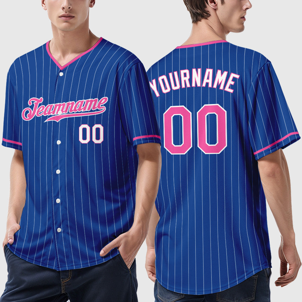 Custom Royal White Pink-White Pinstripe Baseball Jersey