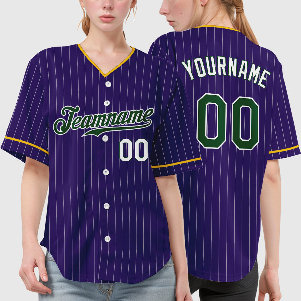 Custom Purple White Green Pinstripe Baseball Jersey