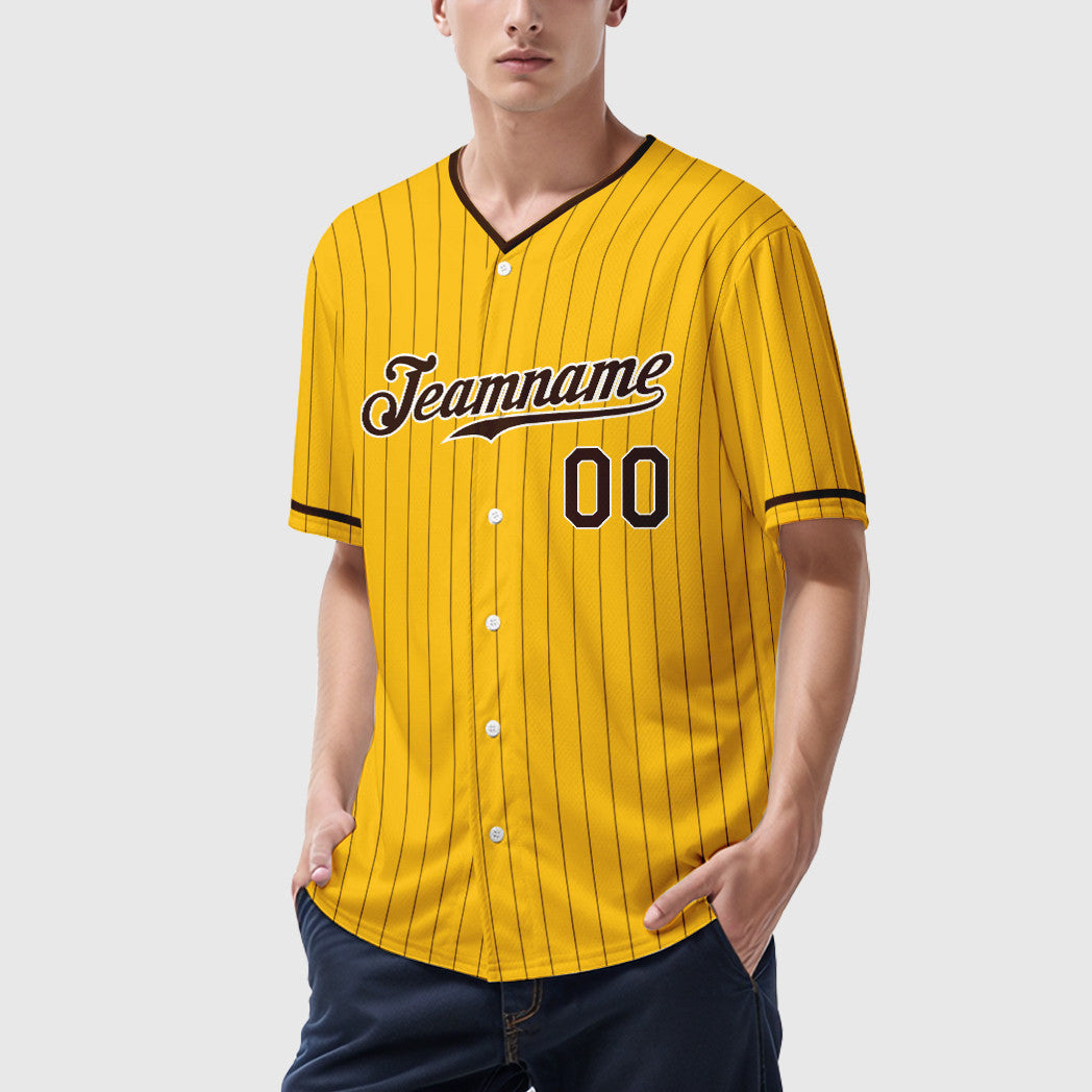 Custom Yellow Brown Brown-White Pinstripe Baseball Jersey