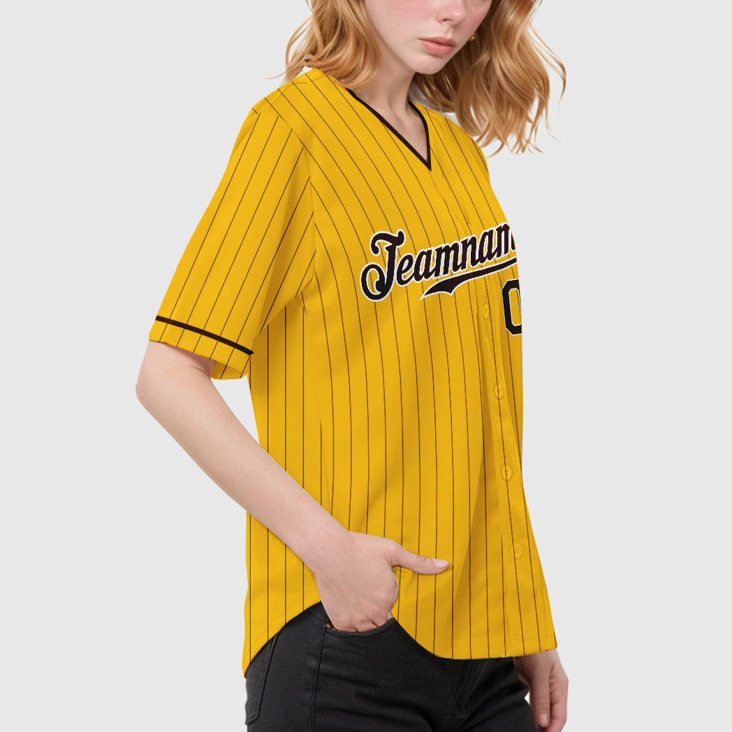 Custom Yellow Brown Brown-White Pinstripe Baseball Jersey