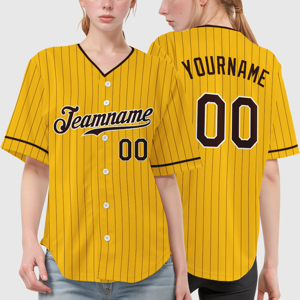 Custom Yellow Brown Brown-White Pinstripe Baseball Jersey
