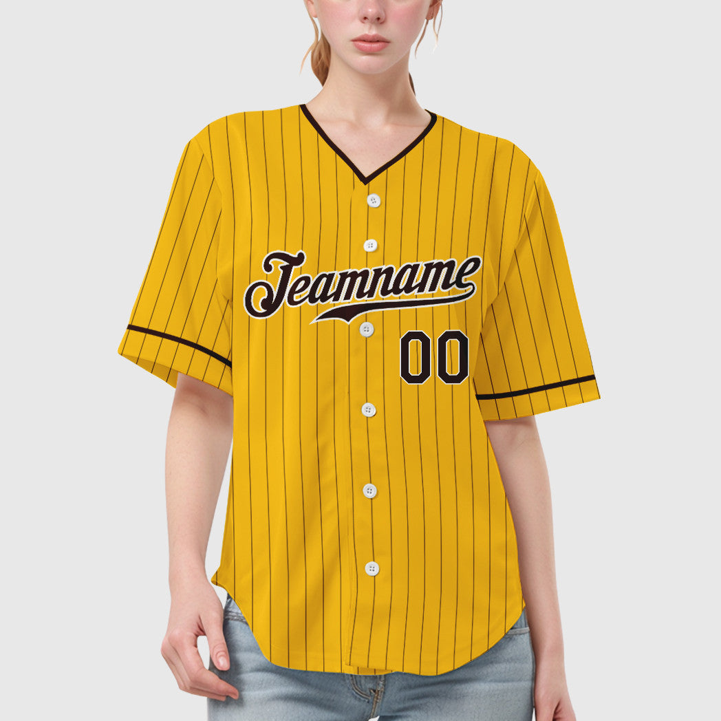 Custom Yellow Brown Brown-White Pinstripe Baseball Jersey