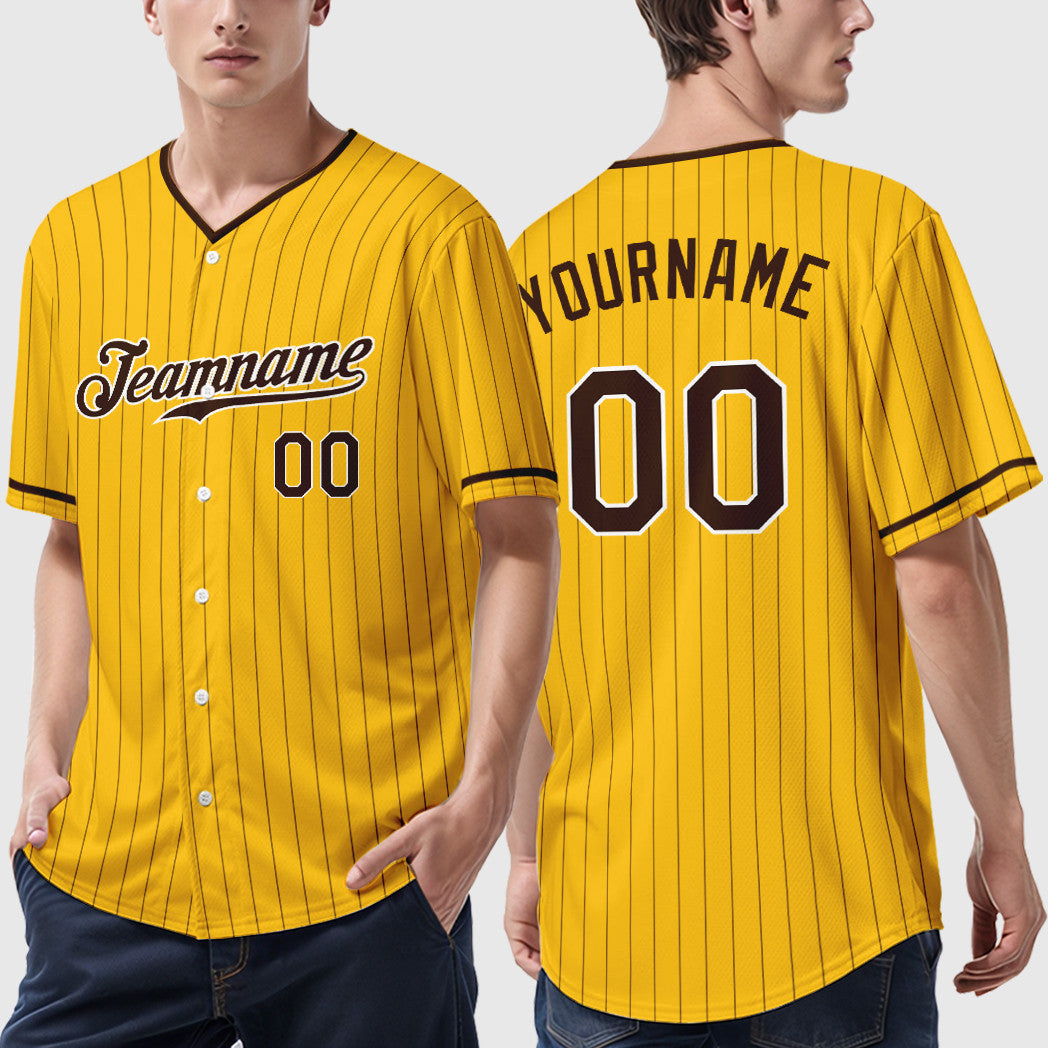 Custom Yellow Brown Brown-White Pinstripe Baseball Jersey