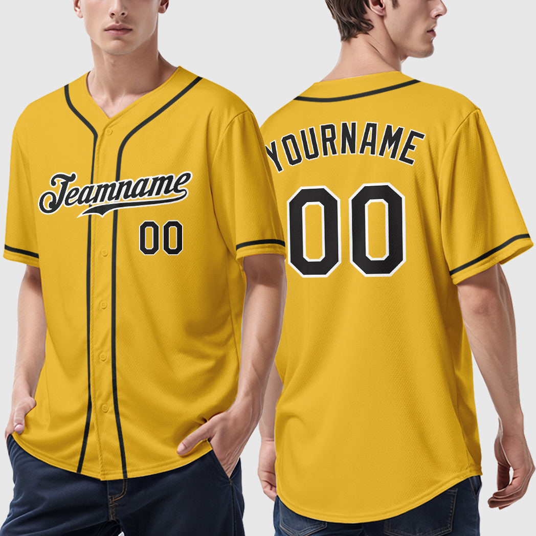 Custom Yellow Black Black-White Sleeve Baseball Jersey