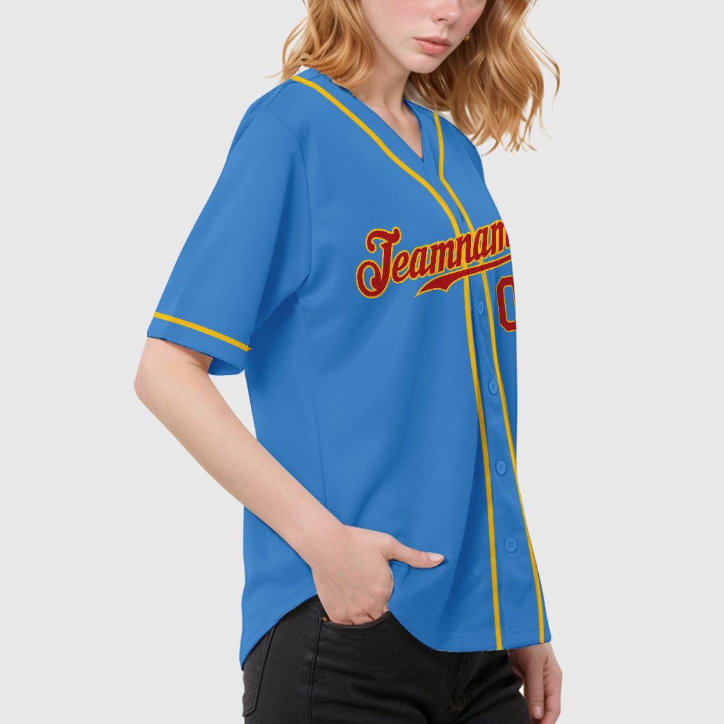Custom Powder Blue Red Red-Gold Sleeve Baseball Jersey