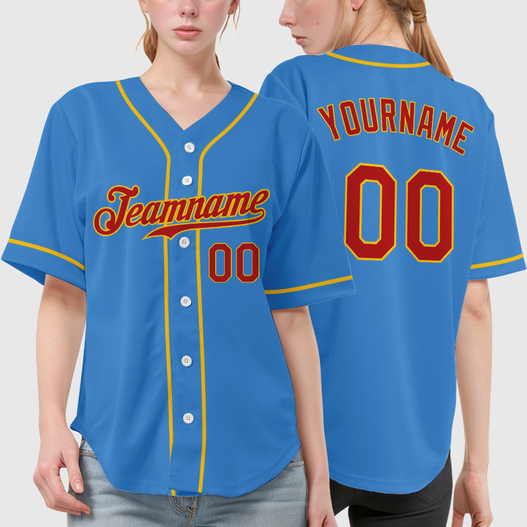 Custom Powder Blue Red Red-Gold Sleeve Baseball Jersey