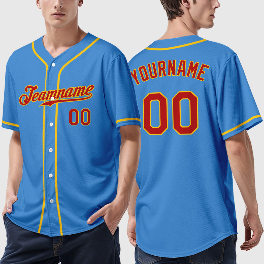 Custom Powder Blue Red Red-Gold Sleeve Baseball Jersey