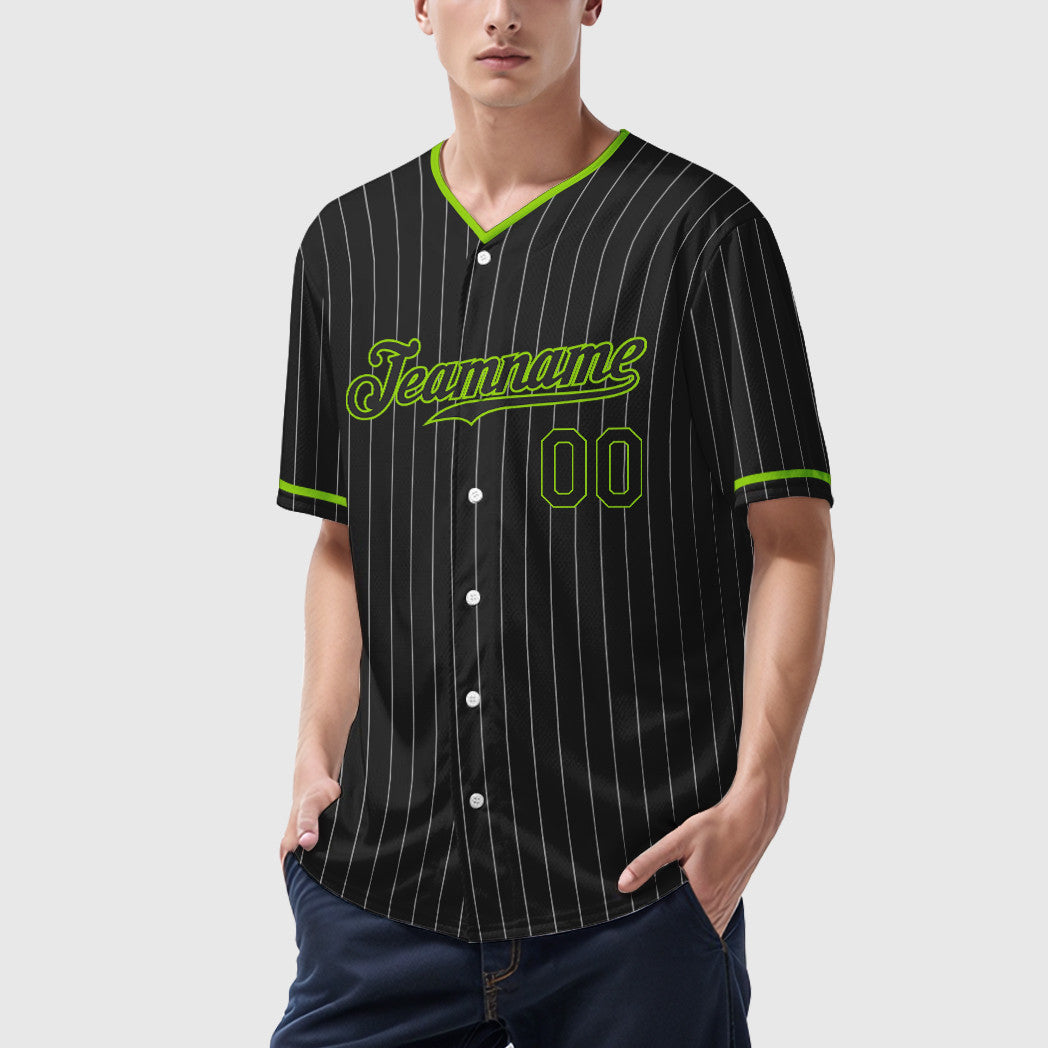 Custom Black White Black-Neon Green Pinstripe Baseball Jersey