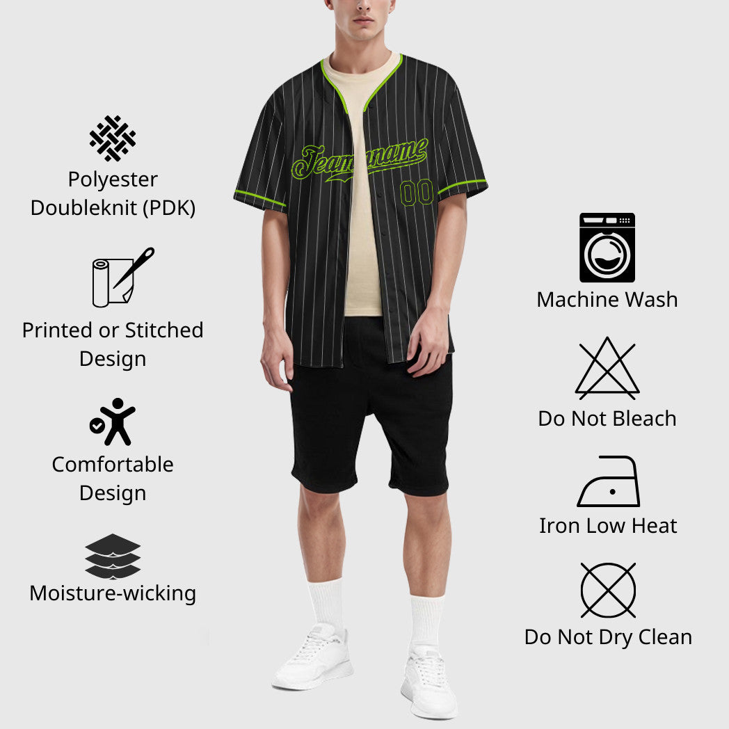 Custom Black White Black-Neon Green Pinstripe Baseball Jersey