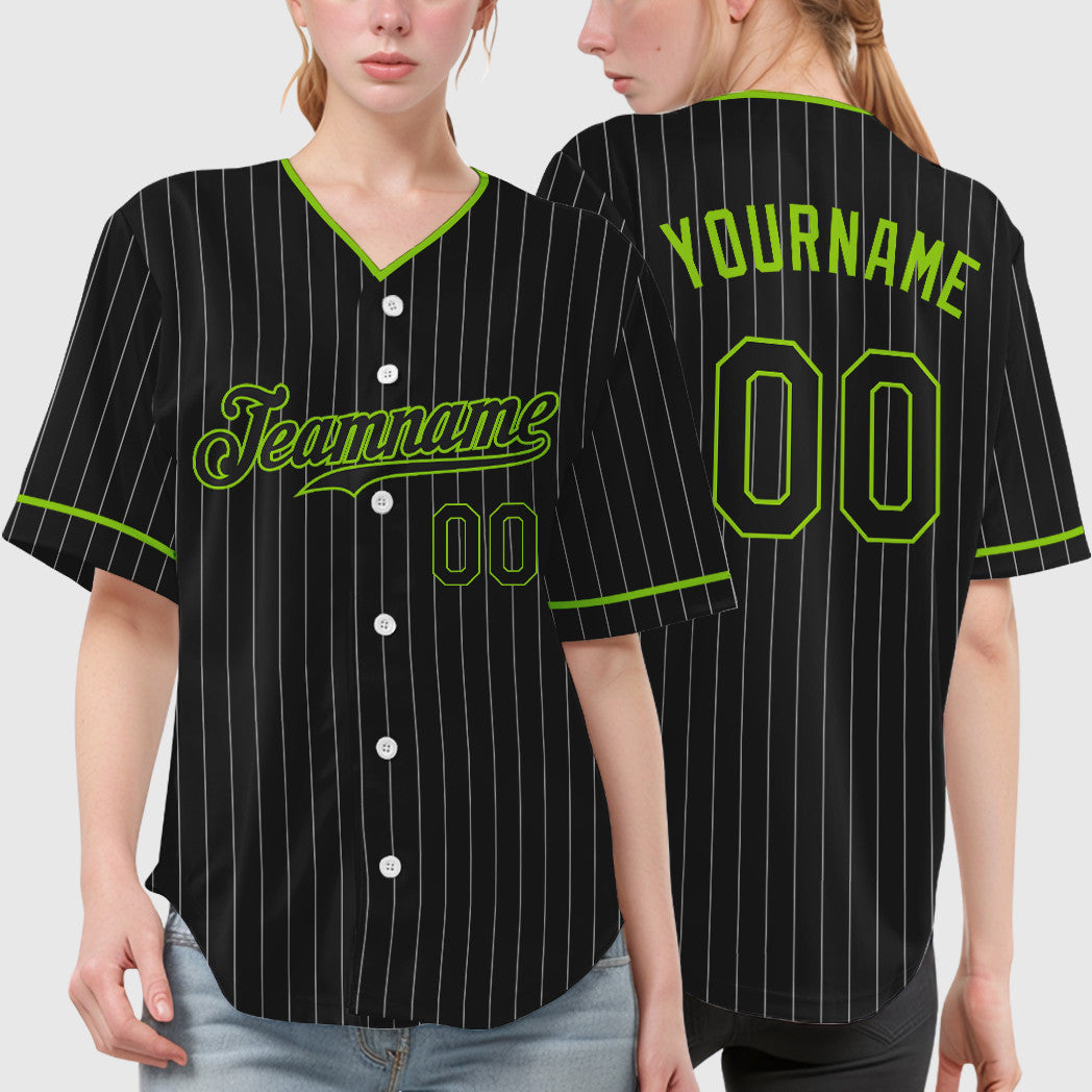 Custom Black White Black-Neon Green Pinstripe Baseball Jersey