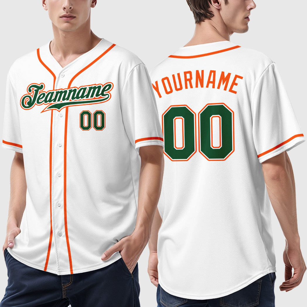 Custom White Green Green-Orange Sleeve Baseball Jersey