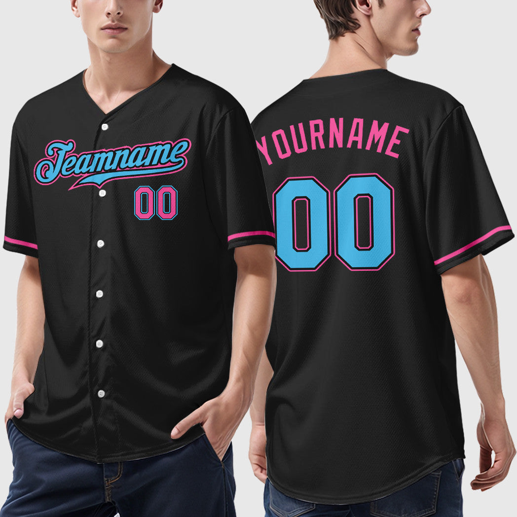 Custom Black White Sky Blue-Pink Baseball Jersey