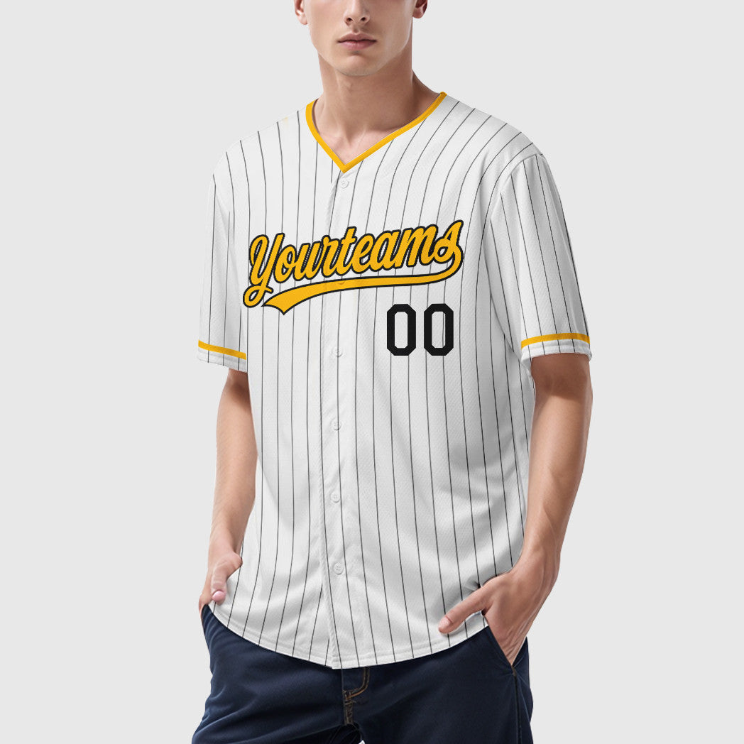 Custom White Black Gold Pinstripe Baseball Jersey