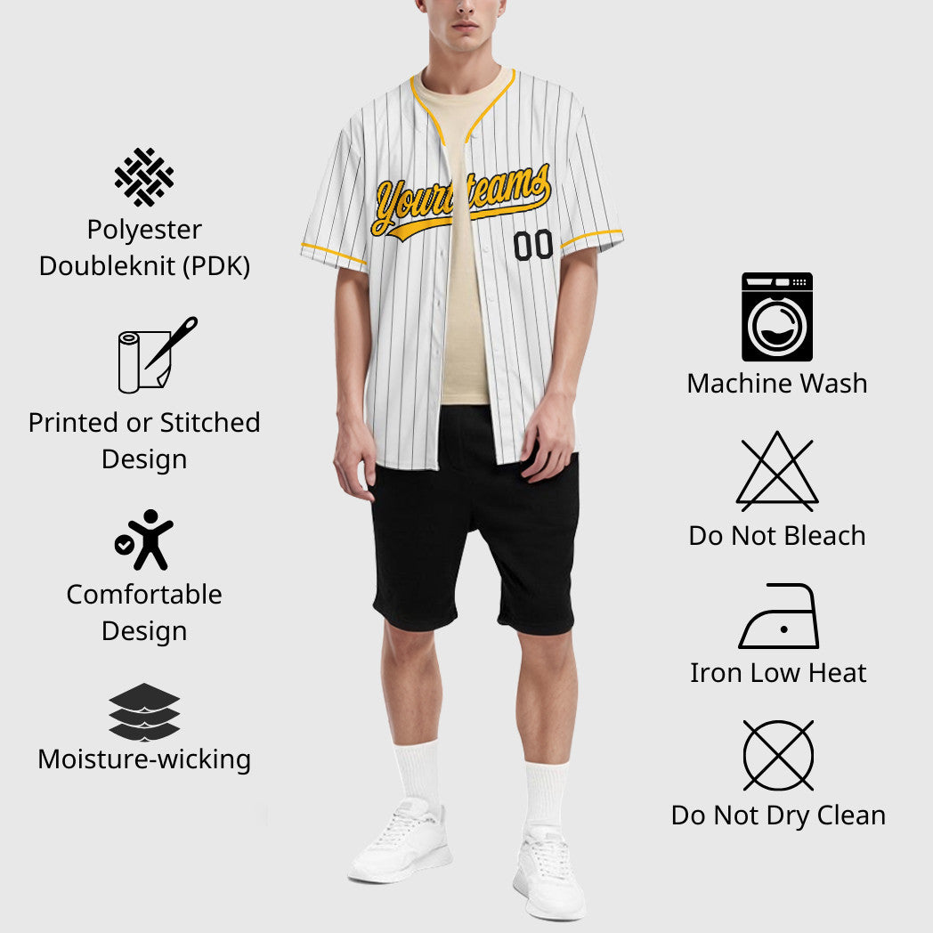 Custom White Black Gold Pinstripe Baseball Jersey