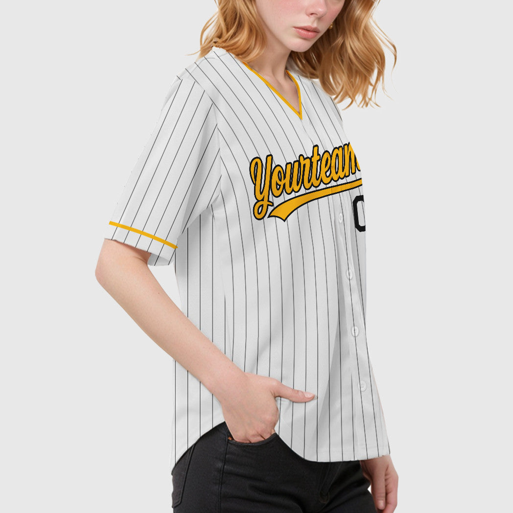 Custom White Black Gold Pinstripe Baseball Jersey