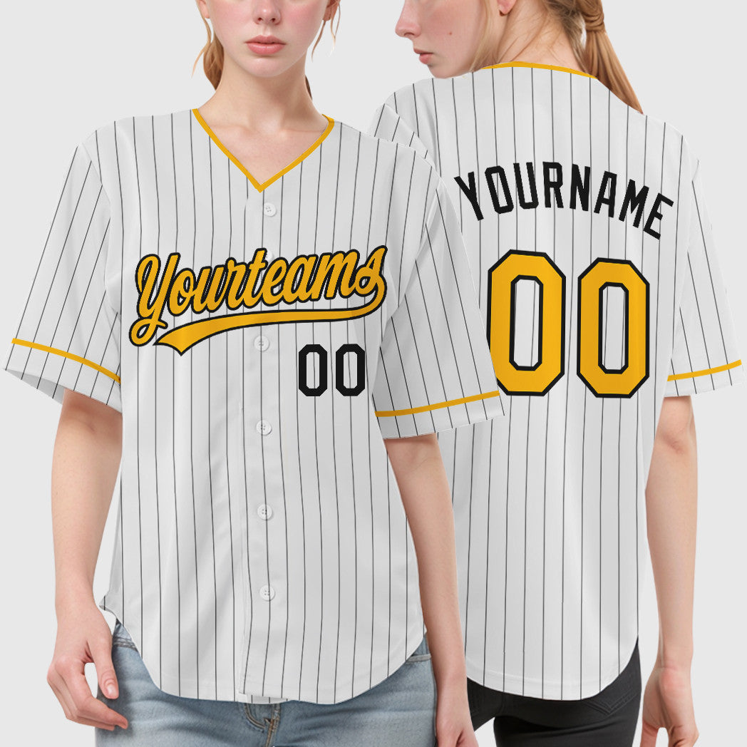 Custom White Black Gold Pinstripe Baseball Jersey