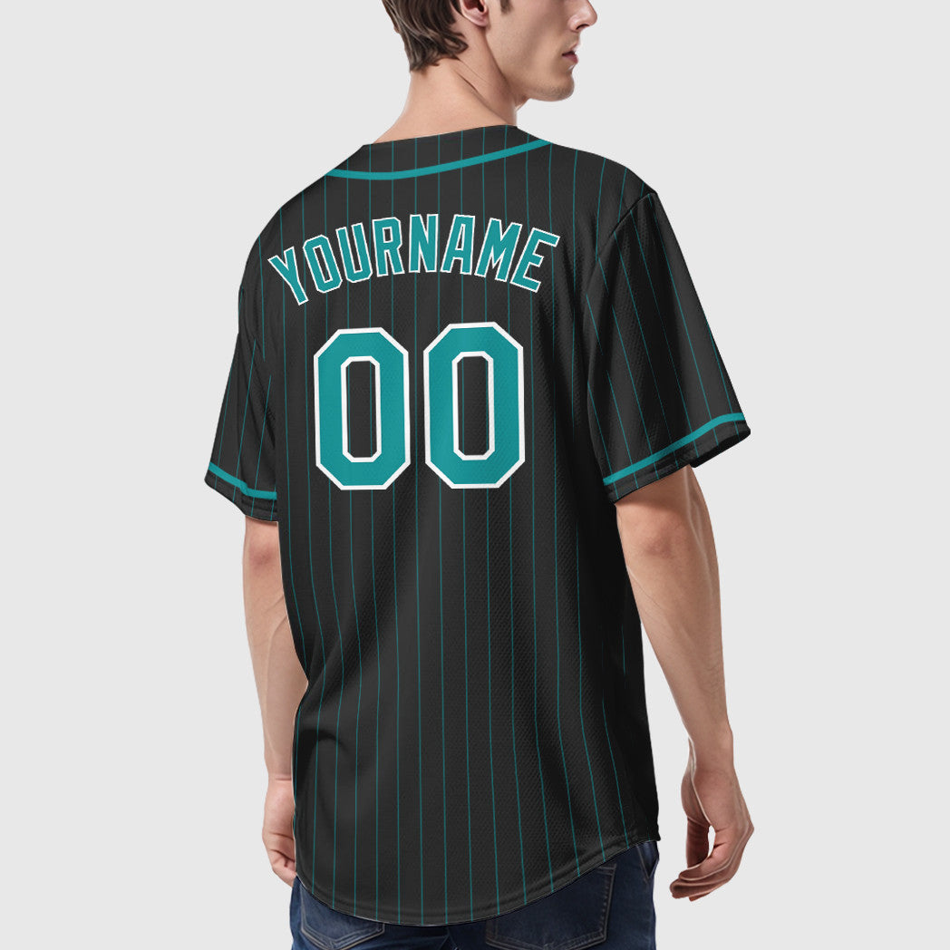 Custom Black Aqua Teal-White Piping Pinstripe Baseball Jersey