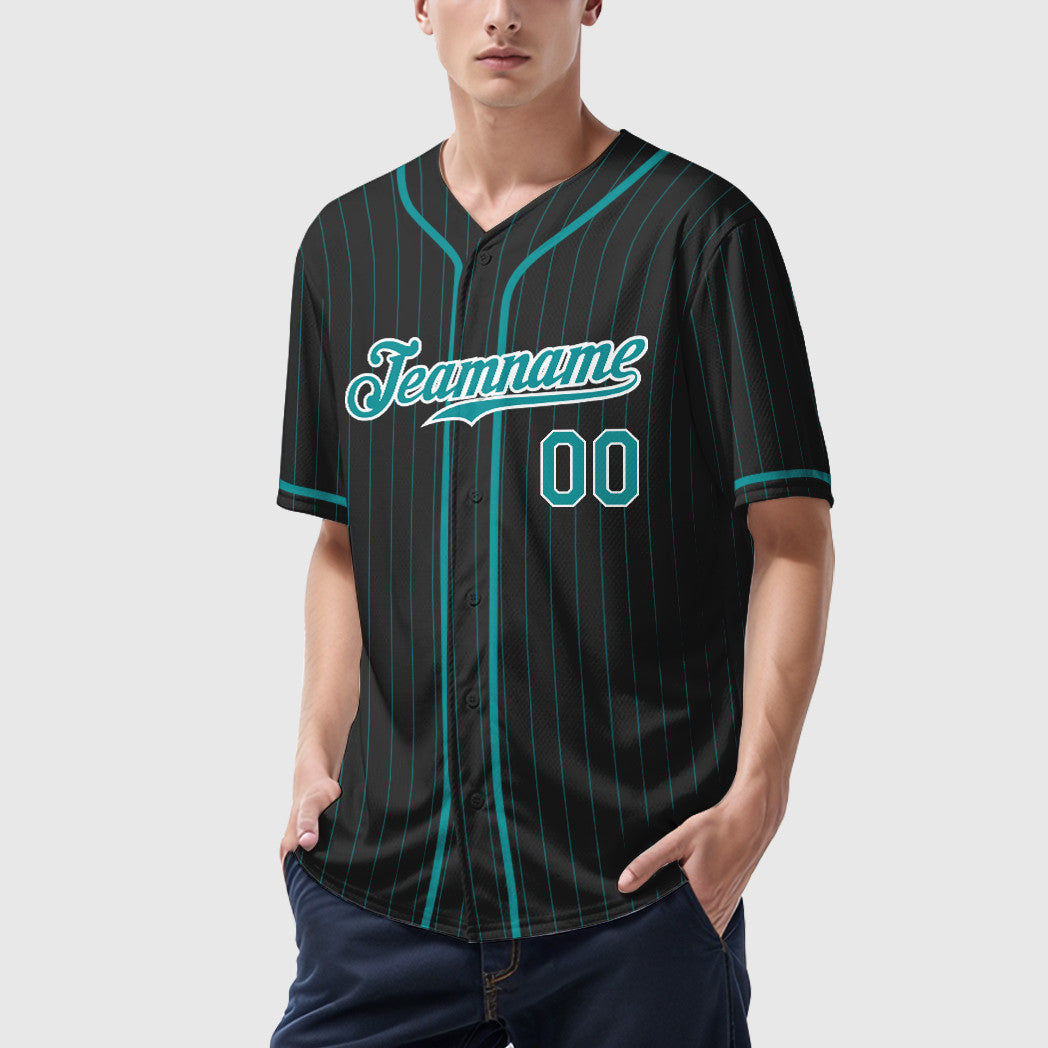 Custom Black Aqua Teal-White Piping Pinstripe Baseball Jersey