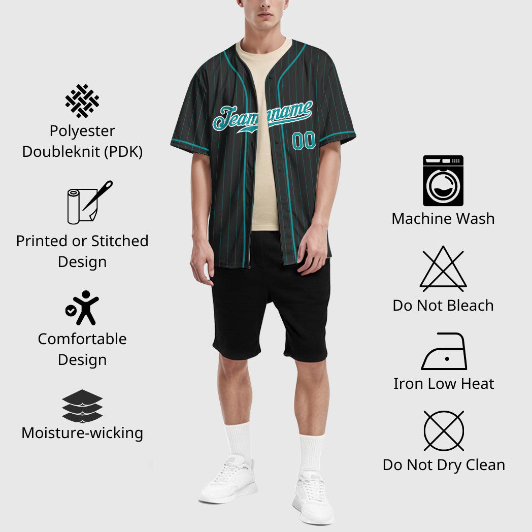 Custom Black Aqua Teal-White Piping Pinstripe Baseball Jersey