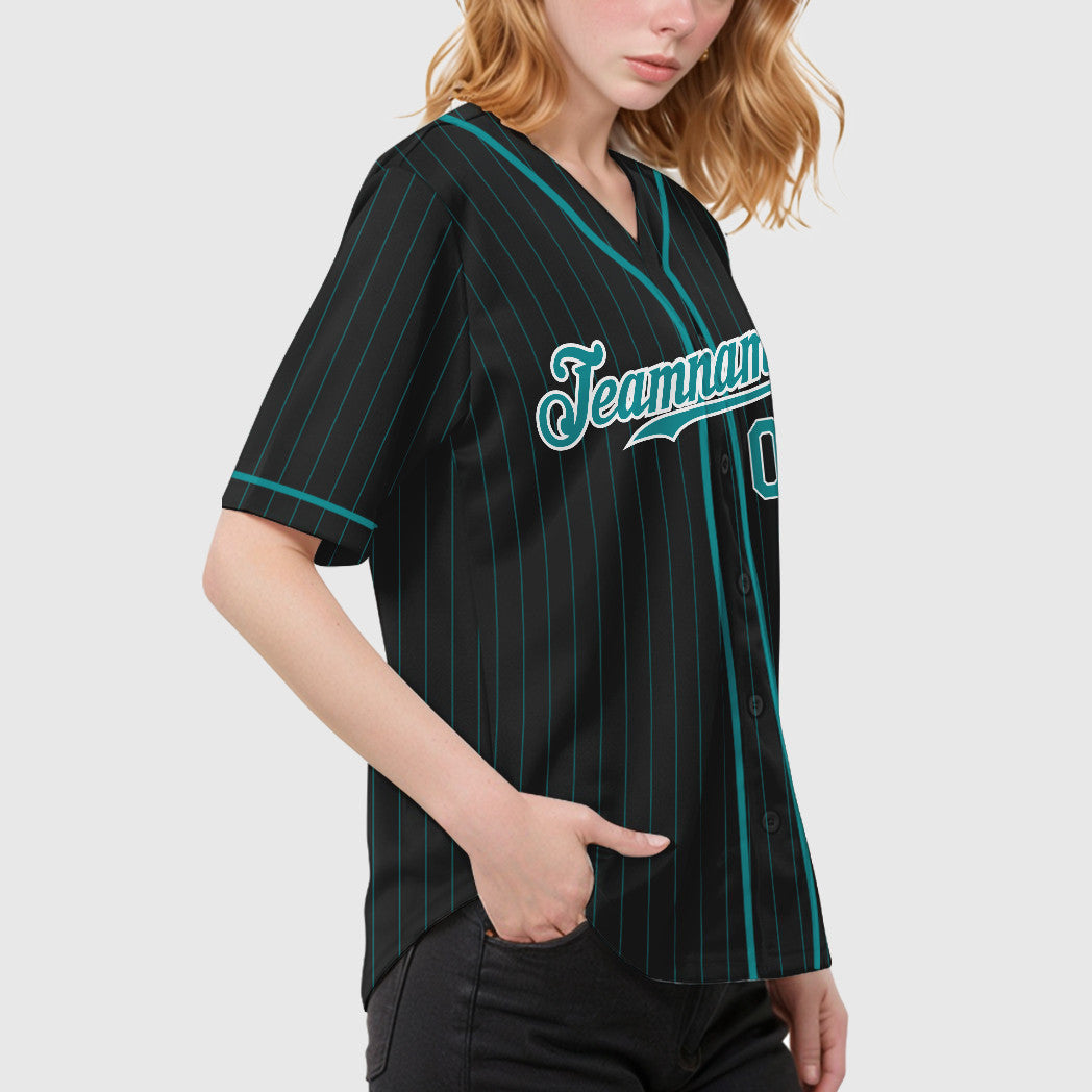 Custom Black Aqua Teal-White Piping Pinstripe Baseball Jersey