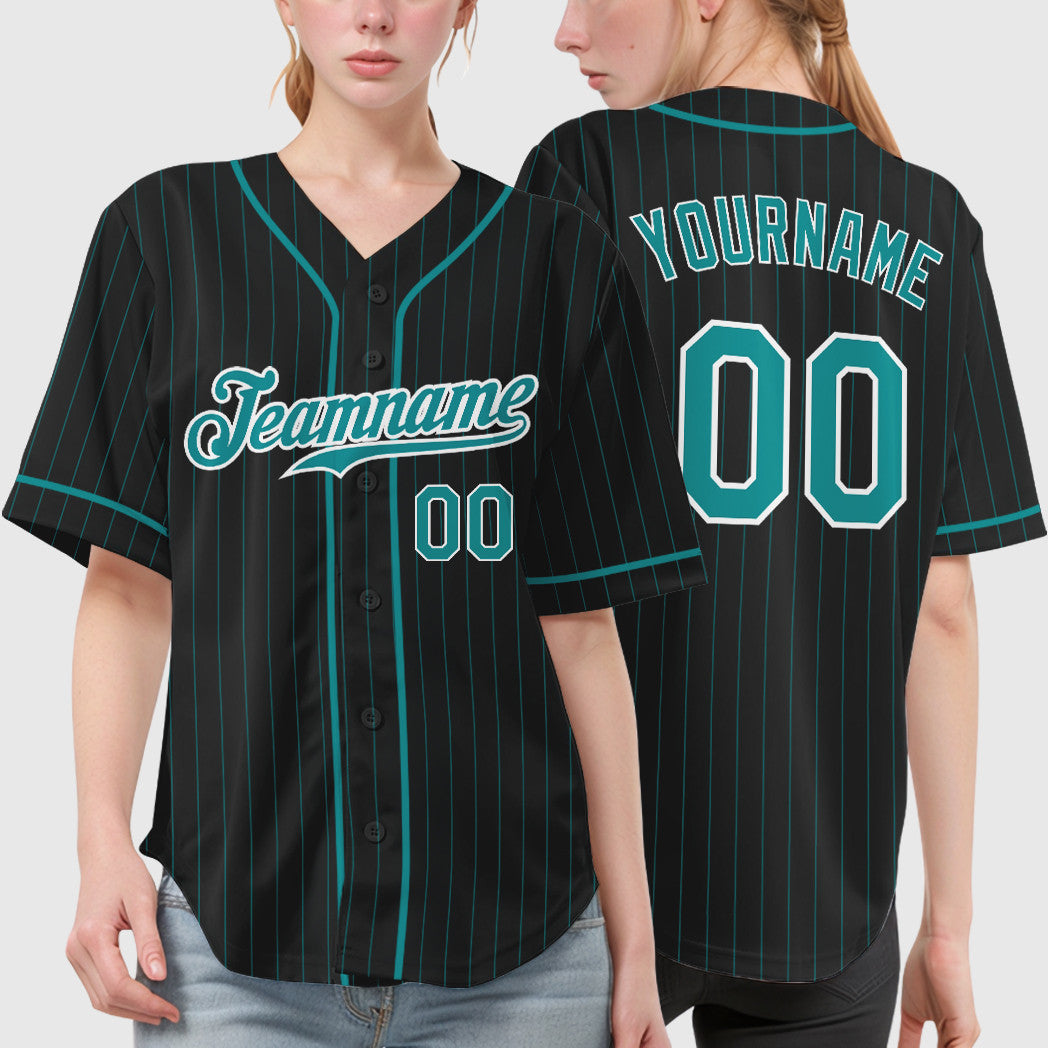 Custom Black Aqua Teal-White Piping Pinstripe Baseball Jersey