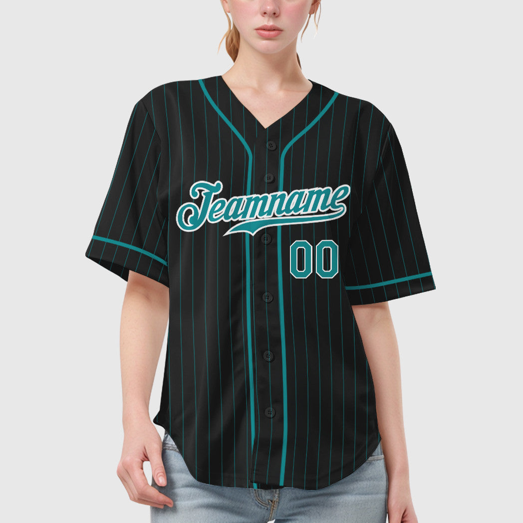 Custom Black Aqua Teal-White Piping Pinstripe Baseball Jersey