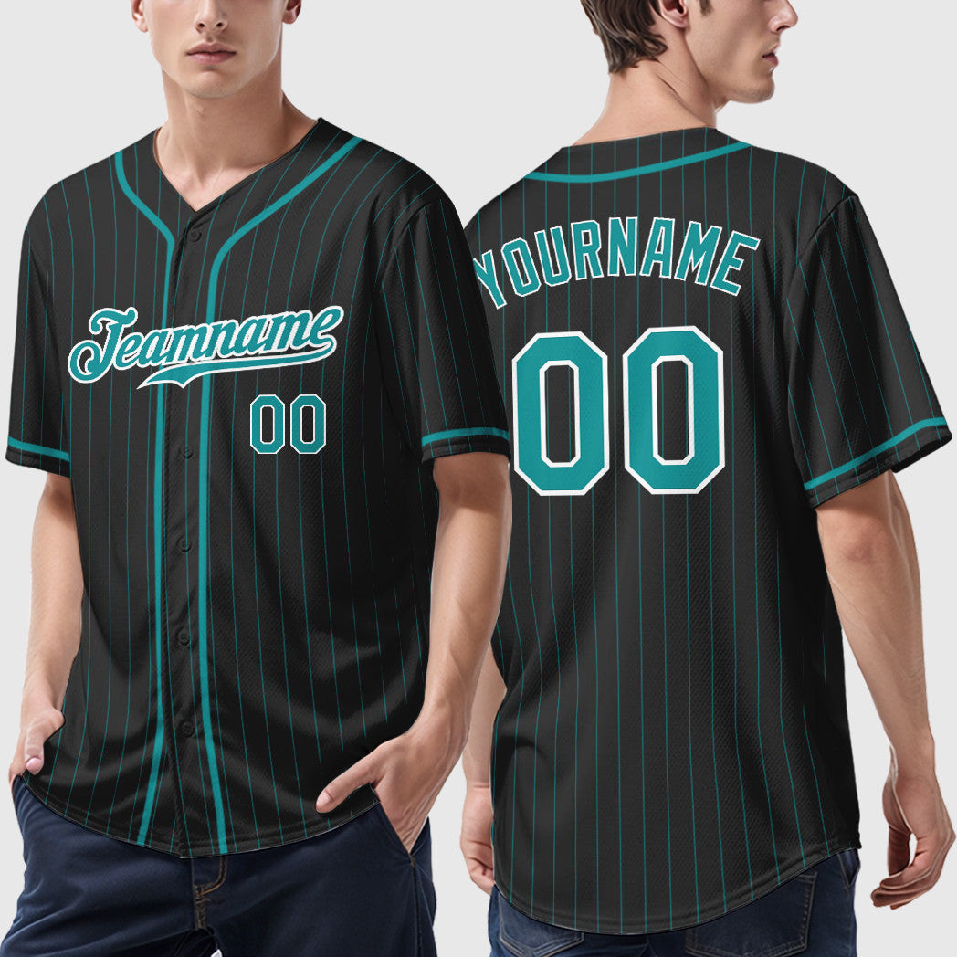 Custom Black Aqua Teal-White Piping Pinstripe Baseball Jersey