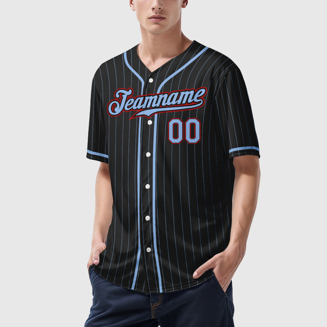 Custom Black Light Blue Red Piping Pinstripe Baseball Jersey