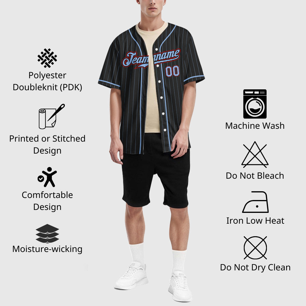 Custom Black Light Blue Red Piping Pinstripe Baseball Jersey