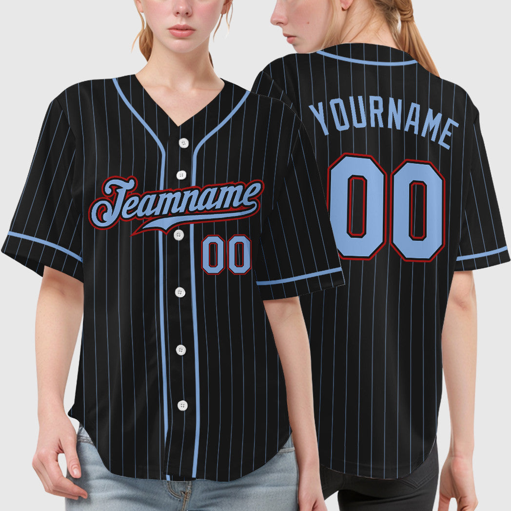 Custom Black Light Blue Red Piping Pinstripe Baseball Jersey