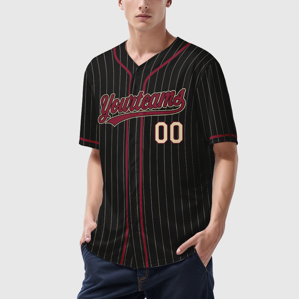 Custom Black Cream Crimson-Cream Piping Pinstripe Baseball Jersey