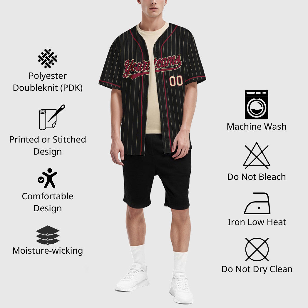 Custom Black Cream Crimson-Cream Piping Pinstripe Baseball Jersey
