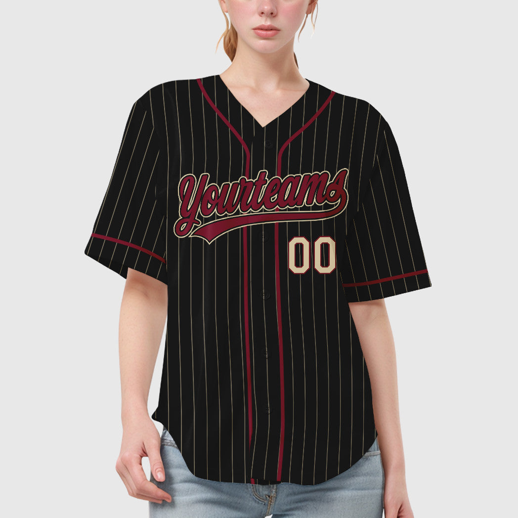 Custom Black Cream Crimson-Cream Piping Pinstripe Baseball Jersey
