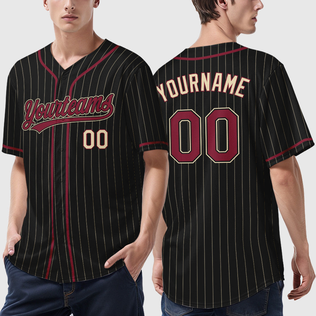 Custom Black Cream Crimson-Cream Piping Pinstripe Baseball Jersey