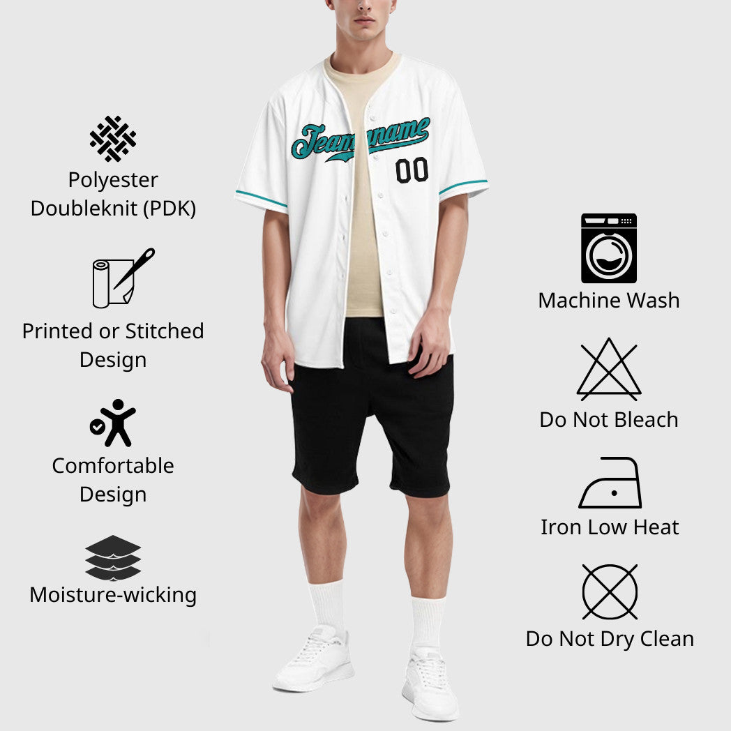 Custom White Black Teal Baseball Jersey